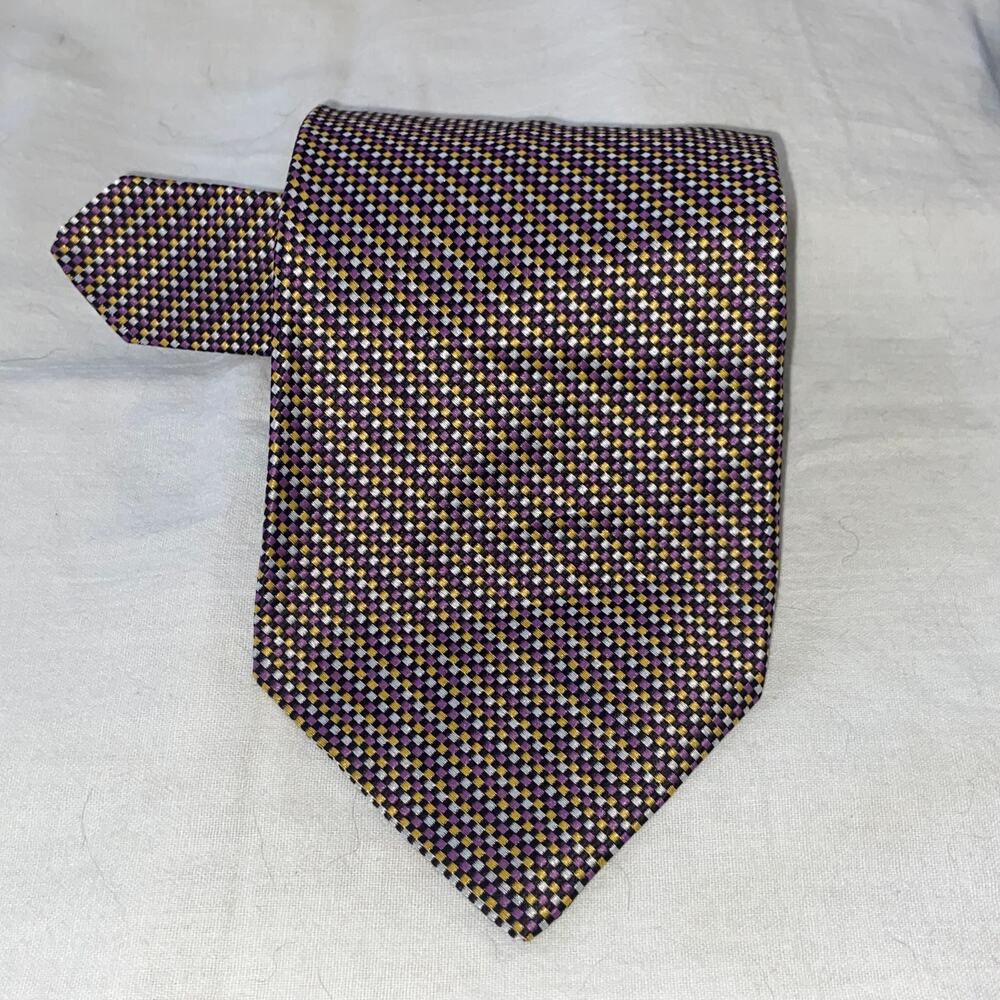 Vtg Towncraft Necktie Purple Yellow Mini Check Woven Trevira 57 x 4 90s Suit